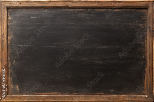 School Chalk Board, Black Vintage Distressed Texture, Wooden Frame, Classroom Writing Backdrop, Retro Aged Surface, Teaching Material, Antique Scratched Lesson Background. Generative AI. photo