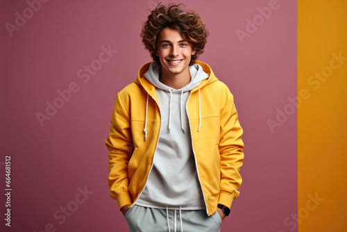 A young man in a yellow hoodie and sweatpants. AI image. Teen in casual wear.