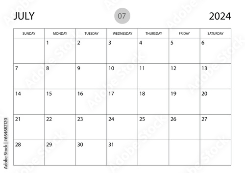 July 2024 year planner template, calendar 2024 template, monthly and yearly planners. organizer diary. week start Sunday, corporate planner template, Desk calendar 2024 year, Vector illustration