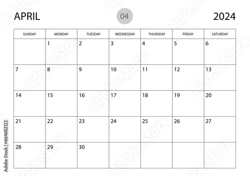 April 2024 year planner template, calendar 2024 template, monthly and yearly planners. organizer diary. week start Sunday, corporate planner template, Desk calendar 2024 year, Vector illustration