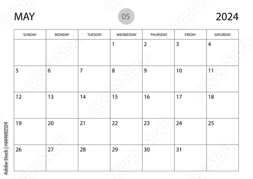 May 2024 year planner template, calendar 2024 template, monthly and yearly planners. organizer diary. week start Sunday, corporate planner template, Desk calendar 2024 year, Vector illustration