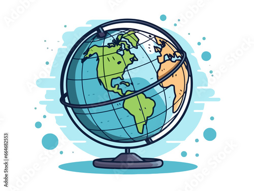 Doodle Globe with solar panels, cartoon sticker, sketch, vector, Illustration, minimalistic
