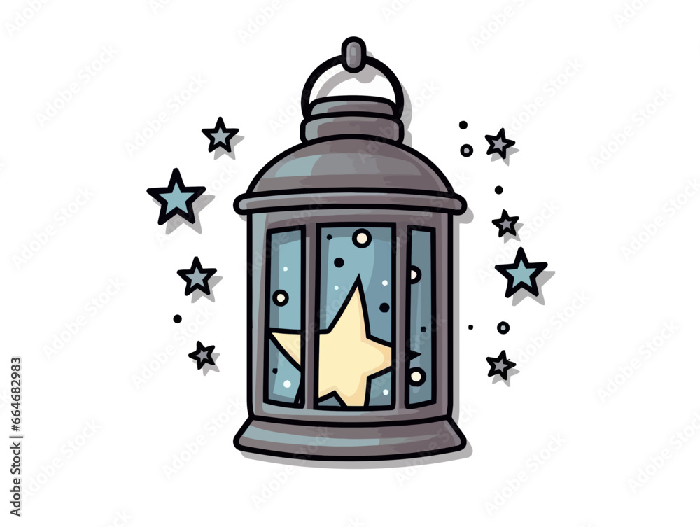 Doodle Lantern with stars, cartoon sticker, sketch, vector, Illustration, minimalistic