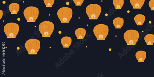 Background of Chinese lanterns. In the dark blue sky. Chinese New Year. Design website, banner, poster. Color vector illustration.