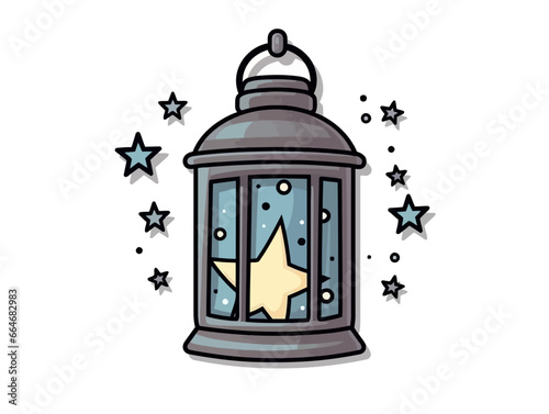 Doodle Lantern with stars, cartoon sticker, sketch, vector, Illustration, minimalistic