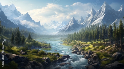 A winding river flowing through a Residual Mountain range, surrounded by dense forests.