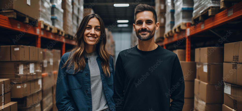 Confident online store owners looking at the camera in a warehouse