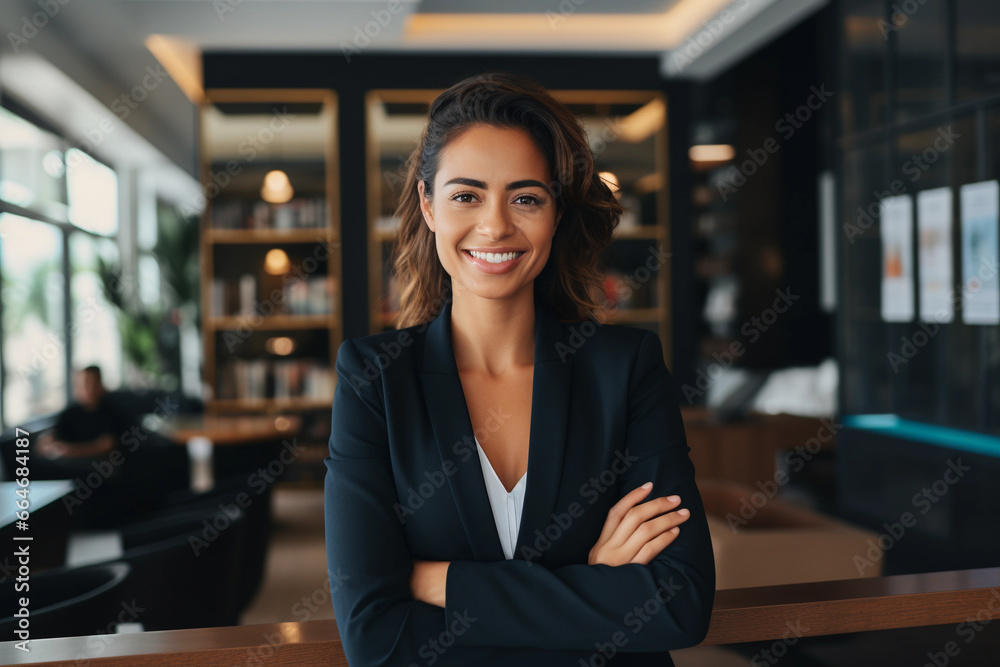 Happy businesswoman smiling at the camera in an office lobby Happy businesswoman smiling at the camera in an office lobby