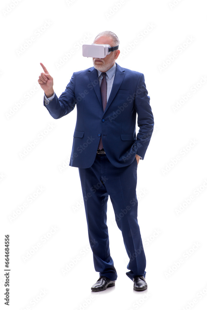 Old businessman wearing virtual glasses isolated on white