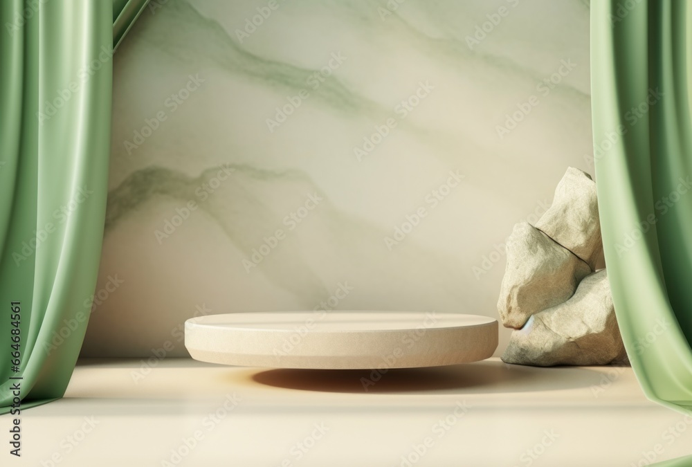 3D background, stone pedestal podium on natural beige, pastel green backdrop 3D background, stone pedestal podium on natural beige, pastel green backdrop