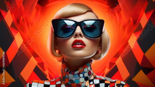 Fashion retro futuristic girl wearing sunglasses. Futuristic pop art fashion woman with geometric pattern background.