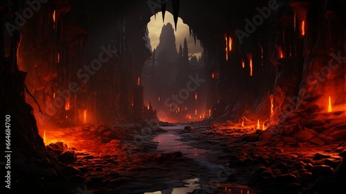 An underground lava tube illuminated by the fiery glow of molten lava flowing through it.