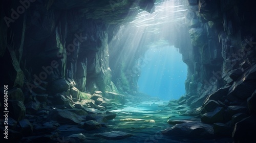 An underwater cave hidden within the recesses of an Oceanic Mountain, illuminated by shafts of sunlight filtering through the water's surface. © UMR