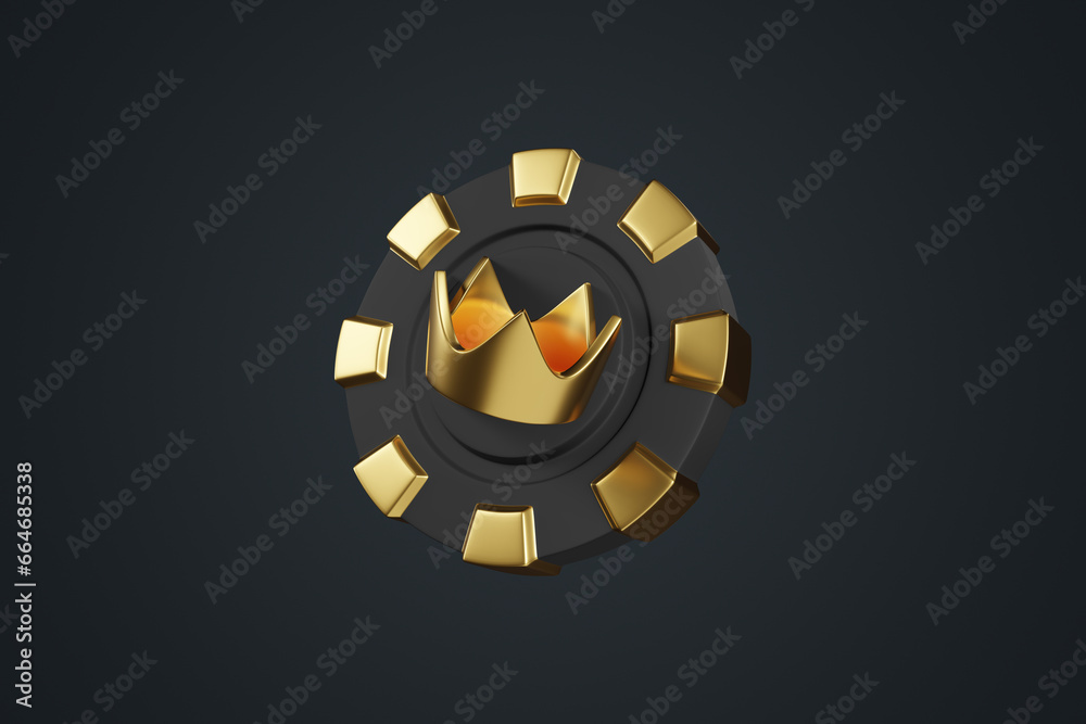 Casino chips and golden crown on a black background. Poker, blackjack, baccarat game concept. 3D render illustration Casino chips and golden crown on a black background. Poker, blackjack, baccarat game concept. 3D render illustration