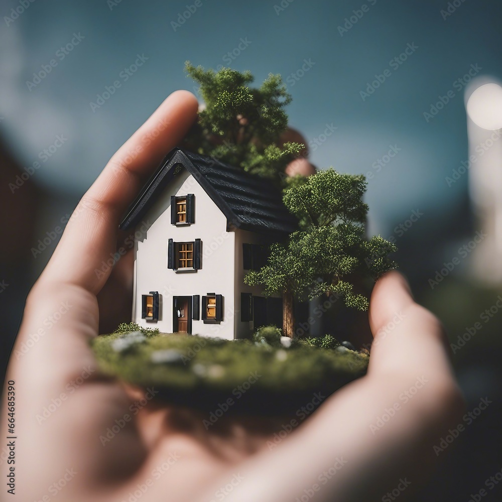 Pequena árvore ao lado de uma casa na mão de um homem Pequena árvore ao lado de uma casa na mão de um homem