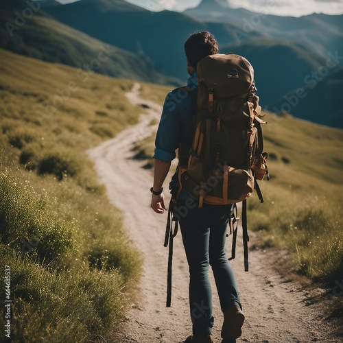 Man Hiking Among the Mountains with Travel Backpack on His Back photo