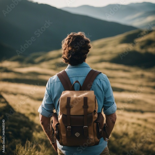 Man Hiking Among the Mountains with Travel Backpack on His Back photo