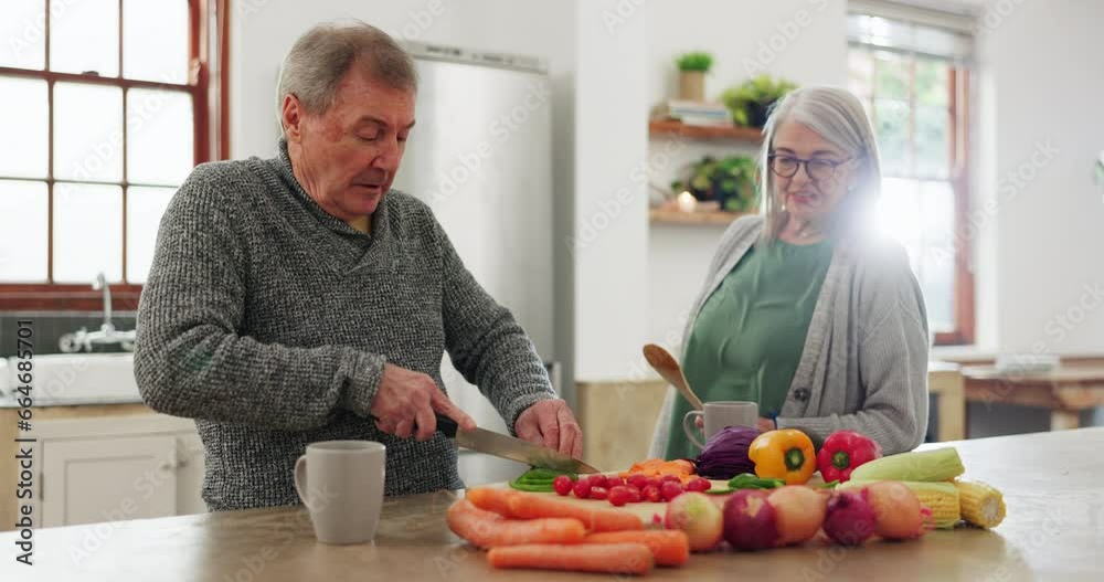 Old couple in kitchen, cooking together with discussion and help, support or planning recipe with vegetable. Healthy food, senior man and woman in home with conversation for meal prep, diet and lunch