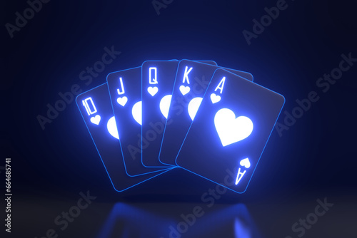 Playing cards with futuristic neon blue lights on a black background. Casino cards, blackjack, poker. Front view. 3D render illustration
