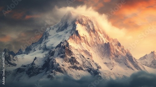 Tilted mountain peaks covered in a blanket of fresh snow  glistening in the soft light of winter.