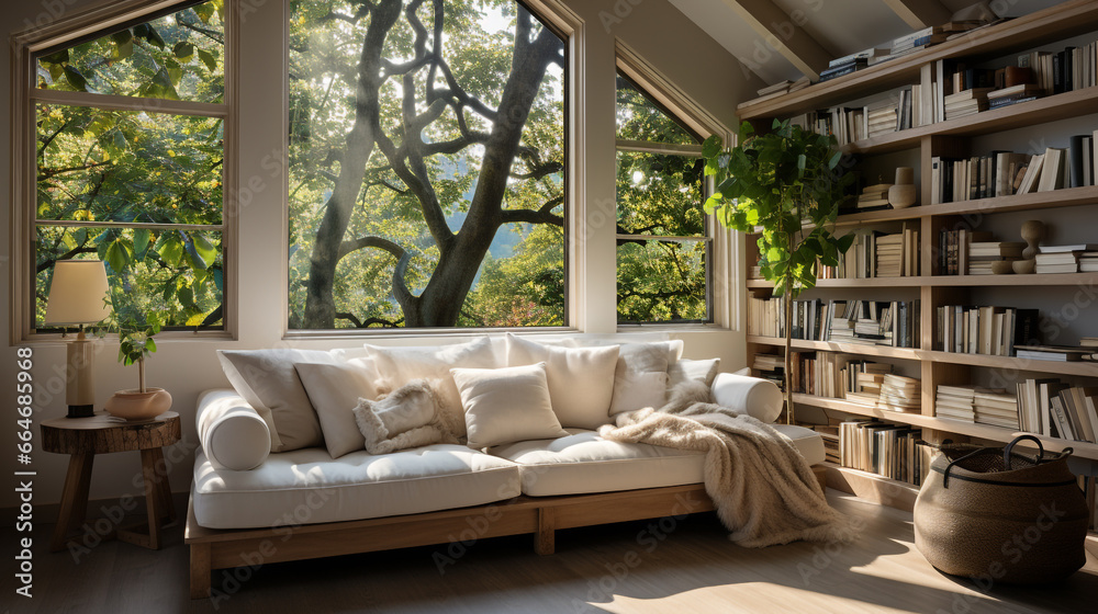 Serene and peaceful reading corner with window seat Serene and peaceful reading corner with window seat