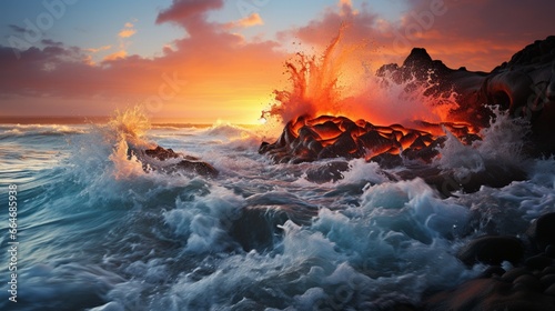 Vibrant orange and yellow hues of lava meeting the cool blue waters of the ocean at a volcanic coastline.