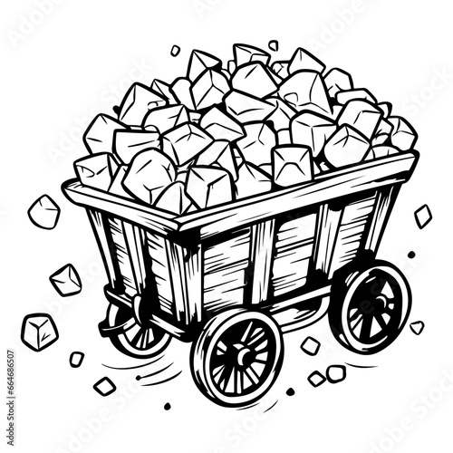 Mine cart vector, diamond wagon kit, golden nuggets carriage, gold coal game trolley 
illustration. Mountain industry equipment, iron wheel, crystal stone, mining transportation. Mine cart clipart, Ge