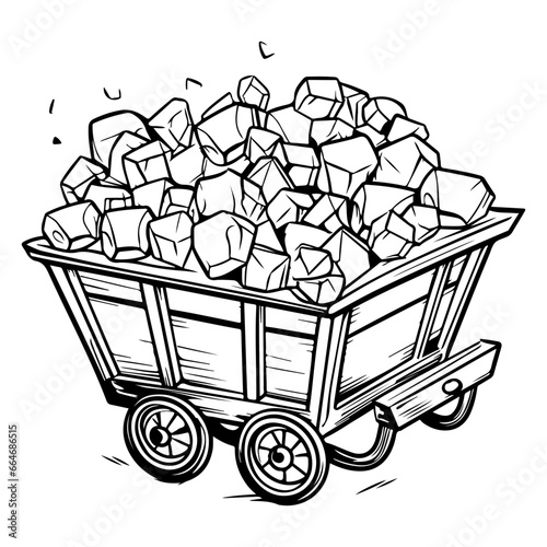 Mine cart vector, diamond wagon kit, golden nuggets carriage, gold coal game trolley 
illustration. Mountain industry equipment, iron wheel, crystal stone, mining transportation. Mine cart clipart, Ge