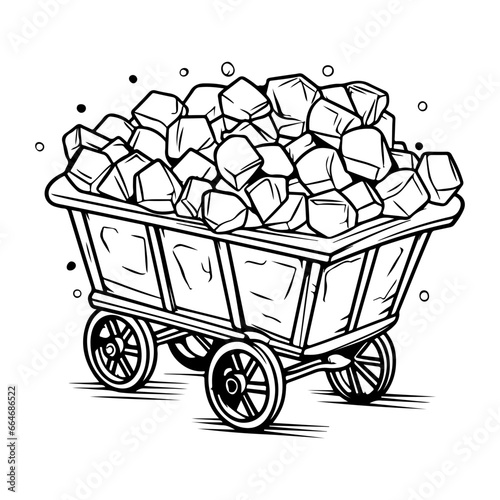 Mine cart vector, diamond wagon kit, golden nuggets carriage, gold coal game trolley 
illustration. Mountain industry equipment, iron wheel, crystal stone, mining transportation. Mine cart clipart, Ge
