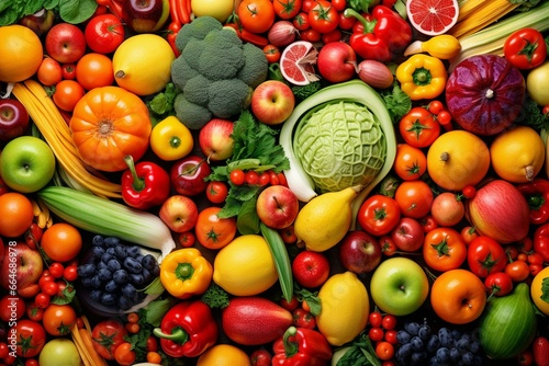 Colorful mix of fruits and vegetables  vibrant healthy food background. Generative AI