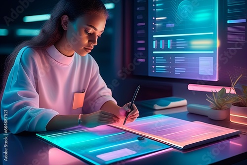 Young woman working with graphics tablet in dark office. 3d rendering