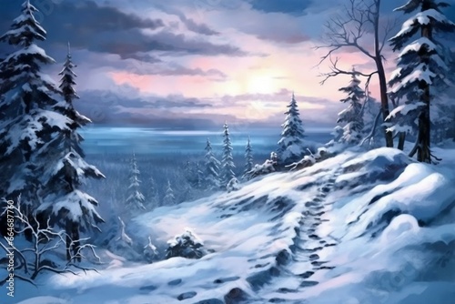 Illustration of snowy winter landscape. Generative AI © Anouk