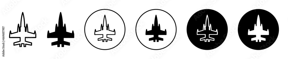 Military airplane fighter jet vector icon. Navy aircraft outline symbol. Military Defense air plane or aircraft line sign - obrazy, fototapety, plakaty 