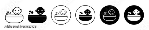 baby child bath tub symbol icon. Infant baby shower bathtub with foam line vector. Baby child bathing tub outline logo sign.