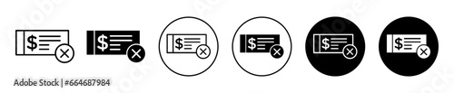 Bounced cheque or check symbol set. Dishonored check bounce due to bankruptcy icon logo. Rejected bounced check from bank line vector.