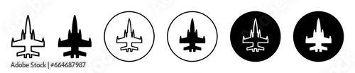 Military airplane fighter jet vector icon. Navy aircraft outline symbol. Military Defense air plane or aircraft line sign photo