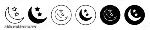 Night dream icon set. Good sleep at bad time in night symbol. Quality sleep with dreams vector logo. Goodnight with moon and star line sign.