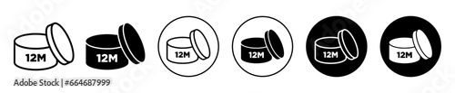 Period after opening icon. 12m pao cosmetic product symbol. 12 month period before use after opening can vector. Twelve months Shelf life line icon photo