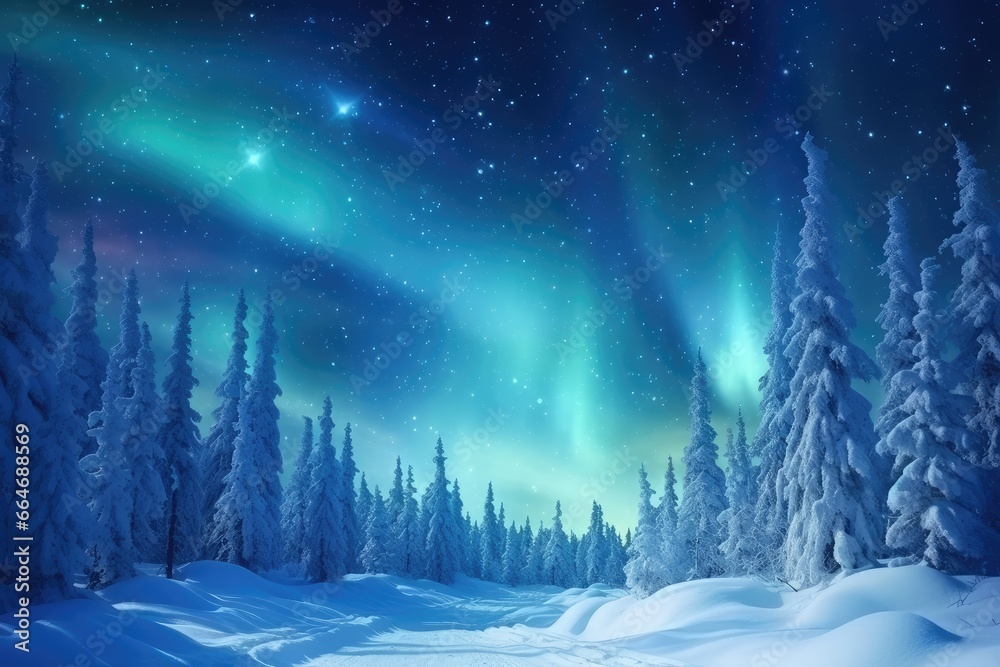 Amazing snowy winter landscape. Winter landscape with snow-covered pine trees and northern lights (northern lights). Polar Lights. Creative image of wild nature. - obrazy, fototapety, plakaty 