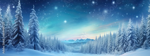 Amazing snowy winter landscape. Winter landscape with snow-covered pine trees and northern lights (northern lights). Polar Lights. Creative image of wild nature. © AndErsoN
