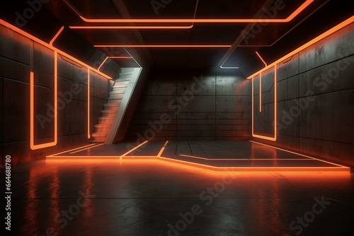 A futuristic underground bunker with neon lines, a wooden wall, glossy concrete floor, and a dark showroom stage. Generative AI photo