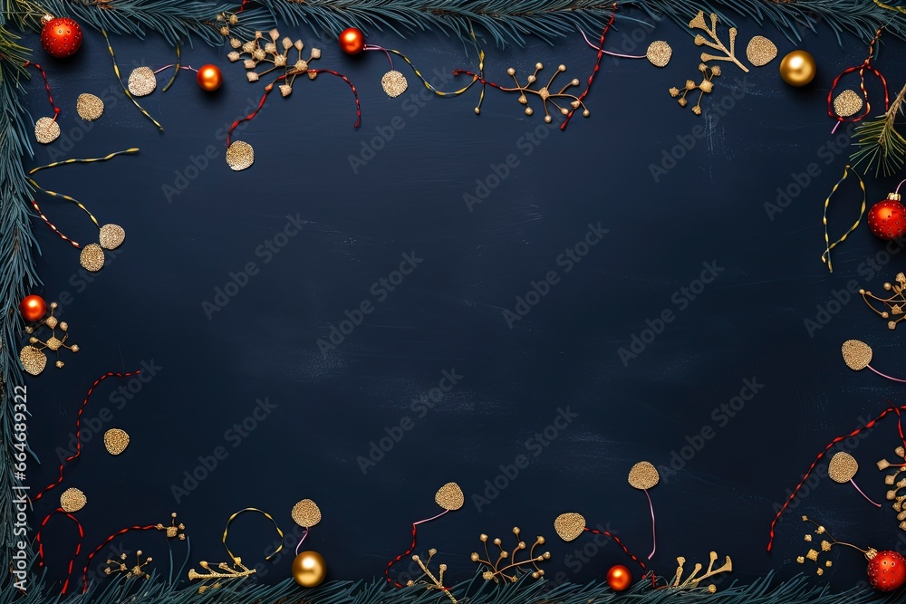 a colorful christmas border with gifts, christmas leave and little lamps decoration, navy background for flat lay, generative ai