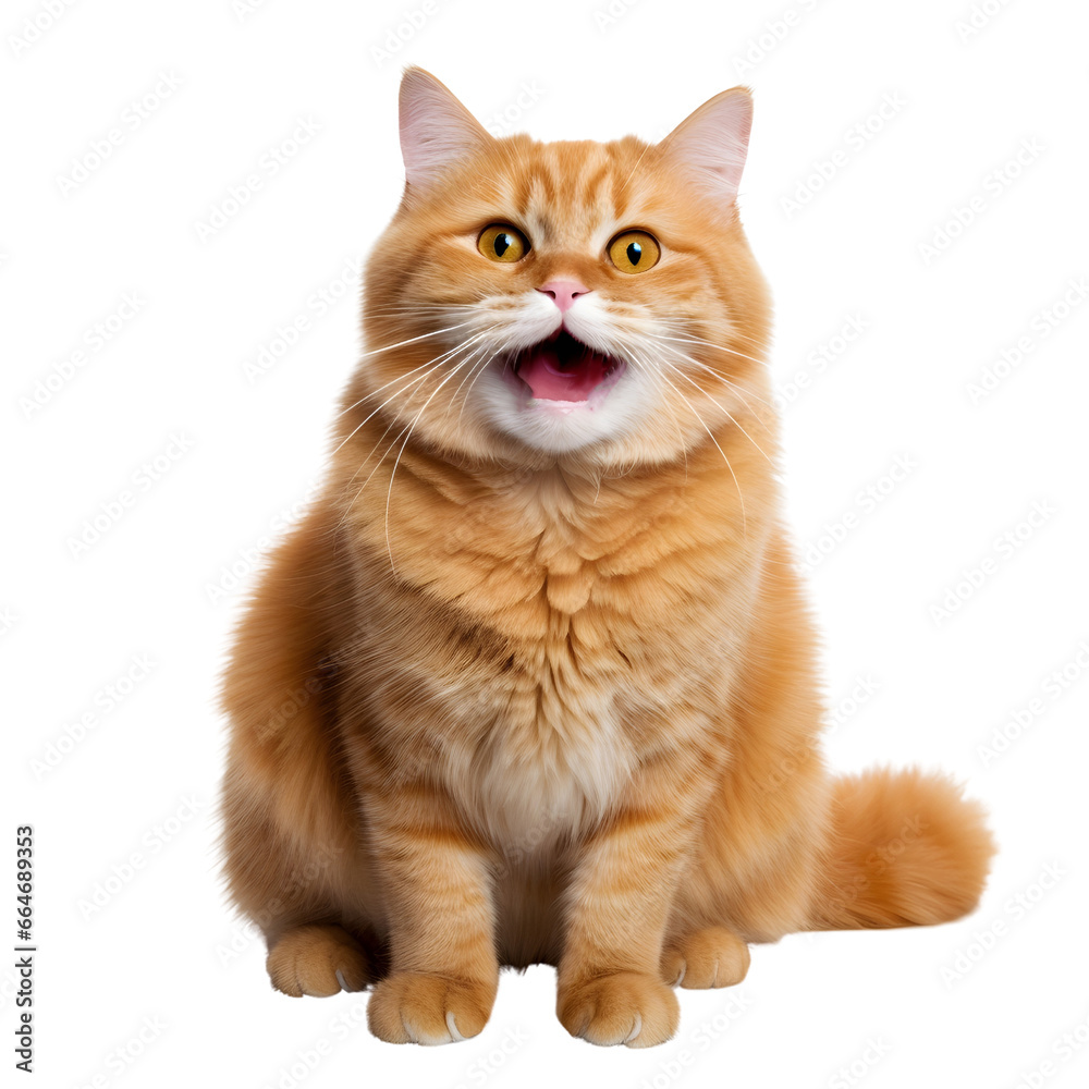 Portrait studio shot of a fat orange cat isolated on white background (png)