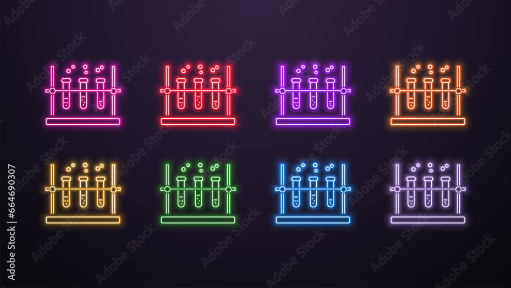 A set of neon tube icons with a rack in different colors on a dark background. A concept for science and medicine. A set of neon tube icons with a rack in different colors on a dark background. A concept for science and medicine.
