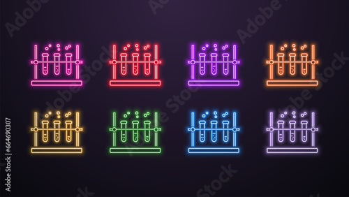 A set of neon tube icons with a rack in different colors on a dark background. A concept for science and medicine.