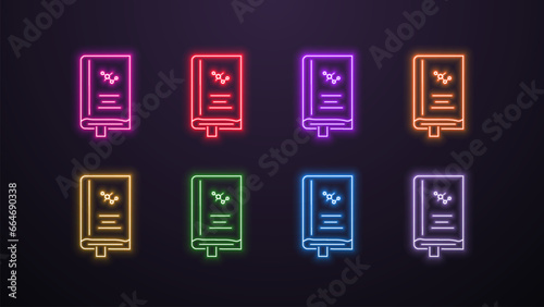 A set of neon glowing icons of a physics or chemistry textbook in different colors on a dark background. Books with a bookmark.