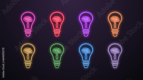 A set of neon lights with brains in different colors on a dark background. A concept for an idea and artificial intelligence.