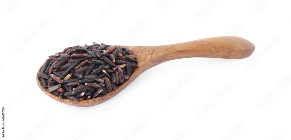 Spoon with raw black rice isolated on white Spoon with raw black rice isolated on white