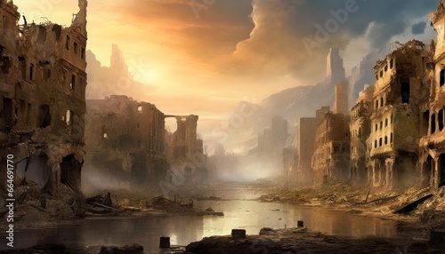 sunset over the ruins of an destroyed city 