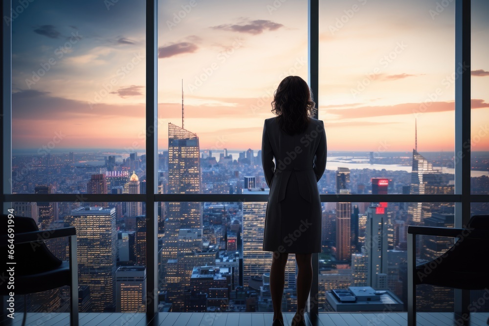 Leadership at New Heights: A Female Executive Overlooking the Cityscape from Her High-Rise Office Leadership at New Heights: A Female Executive Overlooking the Cityscape from Her High-Rise Office